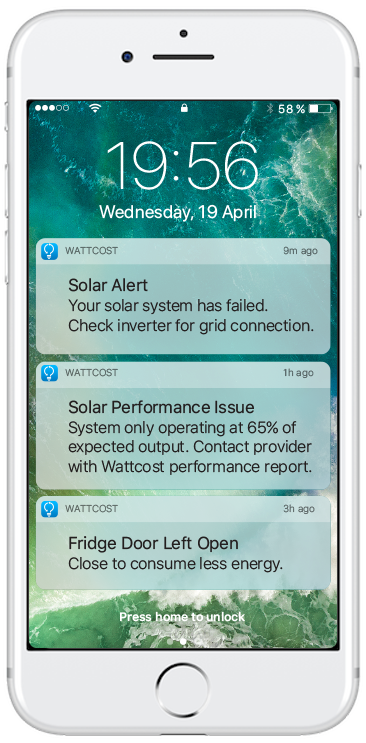 iPhone lock-screen that shows the notifications: 'Solar Alert - Your solar system has failed. Check inverter for grid connection.', 'Solar Performance Issue - System only operating at 65% of expected output. Contact provider with Wattcost performance report.' and 'Fridge Door Left Open - Close to consume less energy.'