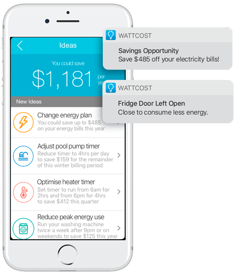 Wattcost App with the option to change energy plan, offset carbon or show energy savings tips.