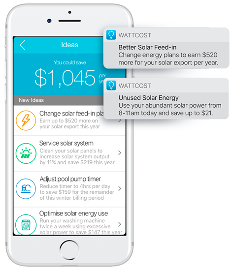 Wattcost App with the option to change energy plan, offset carbon or show energy savings tips.