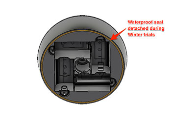 Image caption: View of underside of the battery housing highlighting the faulty seal.