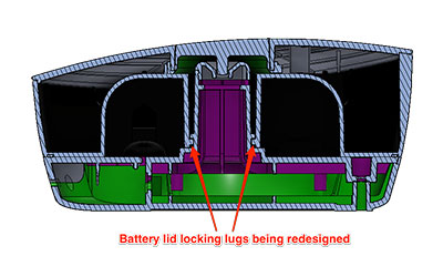 Image caption: Cross section view of Beacon highlighting the battery lid locking mechanism.