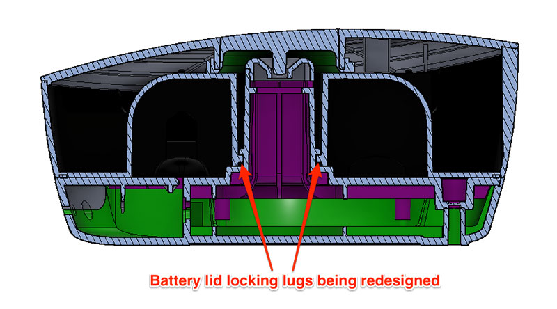 Image caption: Cross section view of Beacon highlighting the battery lid locking mechanism.