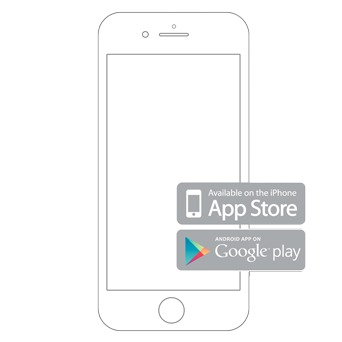 Smartphone outline that shows Apple App Store and Google Play Store.